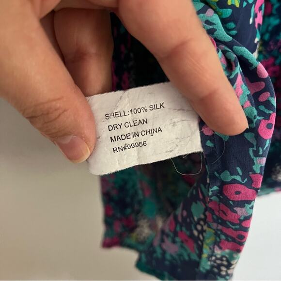 Shoshanna Teal Blue Pink Printed Long Sleeve 100% Silk Blouse Women's size 6 - Picture 5 of 5